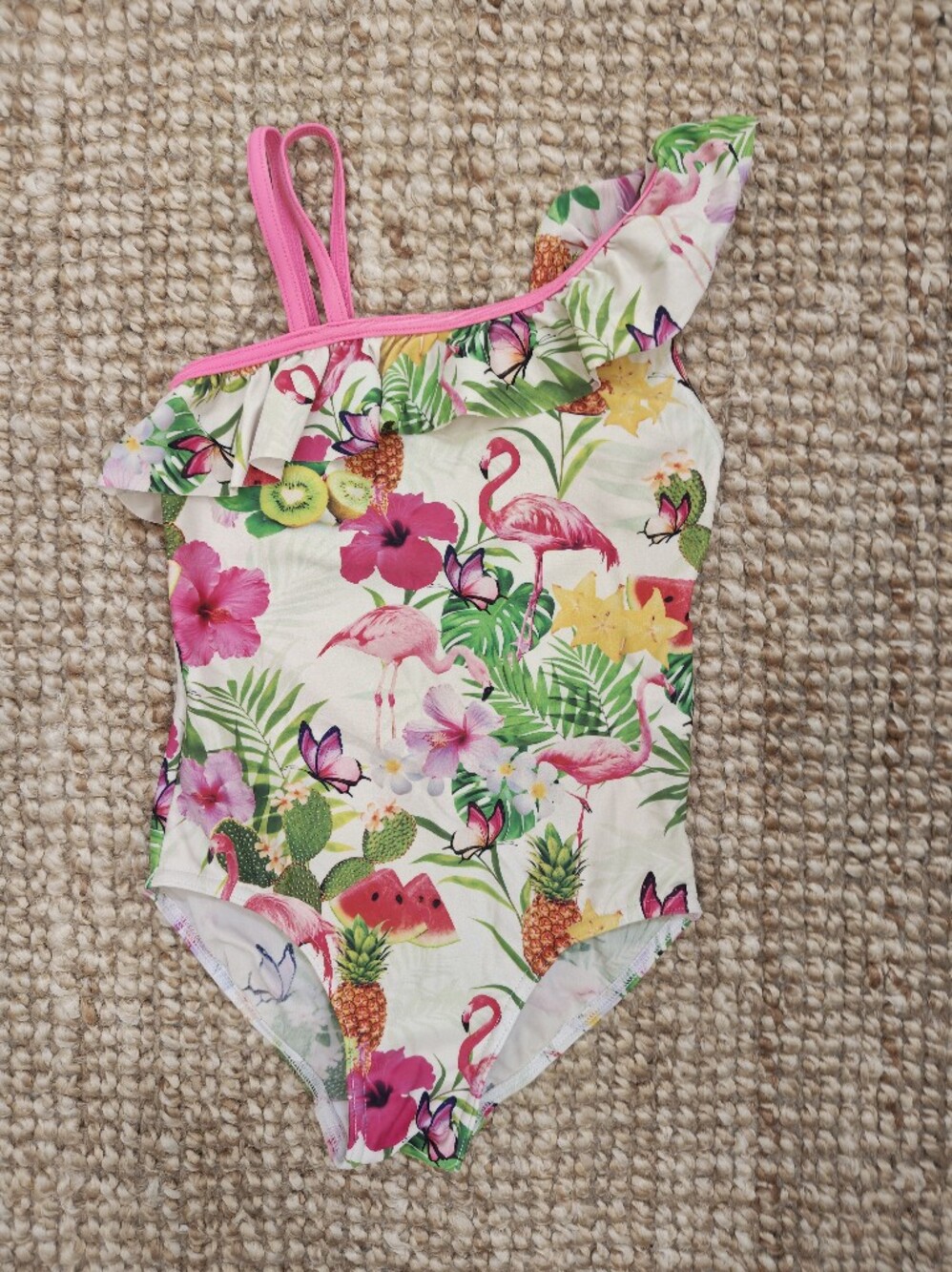 Girls Tropical Flamingo One-Piece Swimsuit - Pink & Green